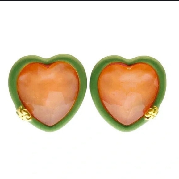 ❗️2/$50❗️TORY BURCH GREEN/PEACH HEART STUDS - Picture 1 of 6